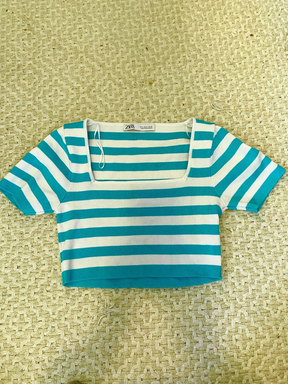 ZARA Teal and White Striped Square-Neck Crop Top